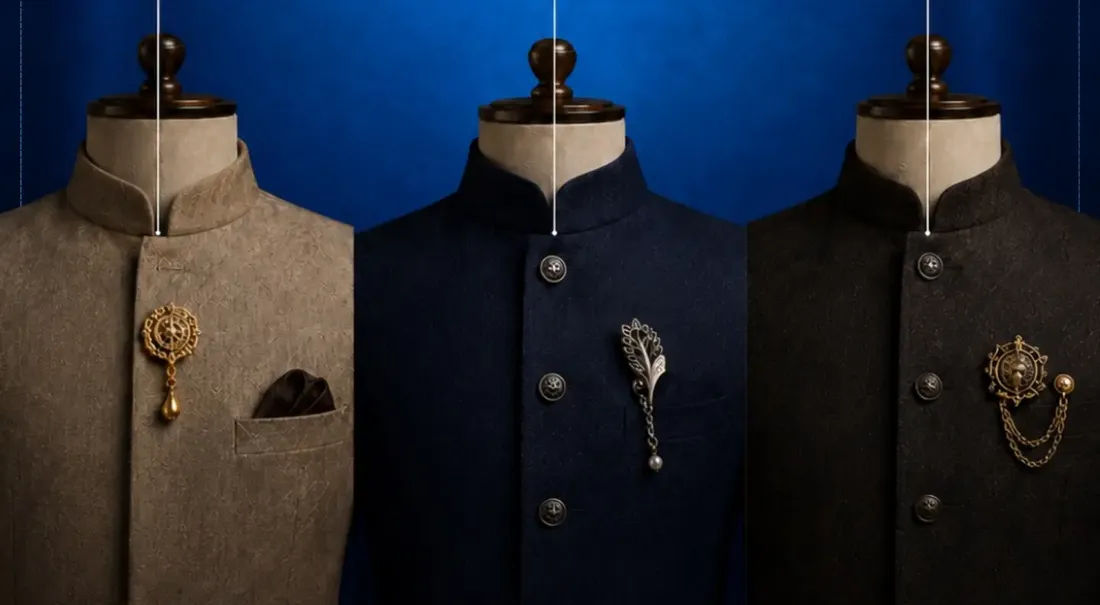 Lapel pins and brooches in gold, silver and antique bronze on mannequins